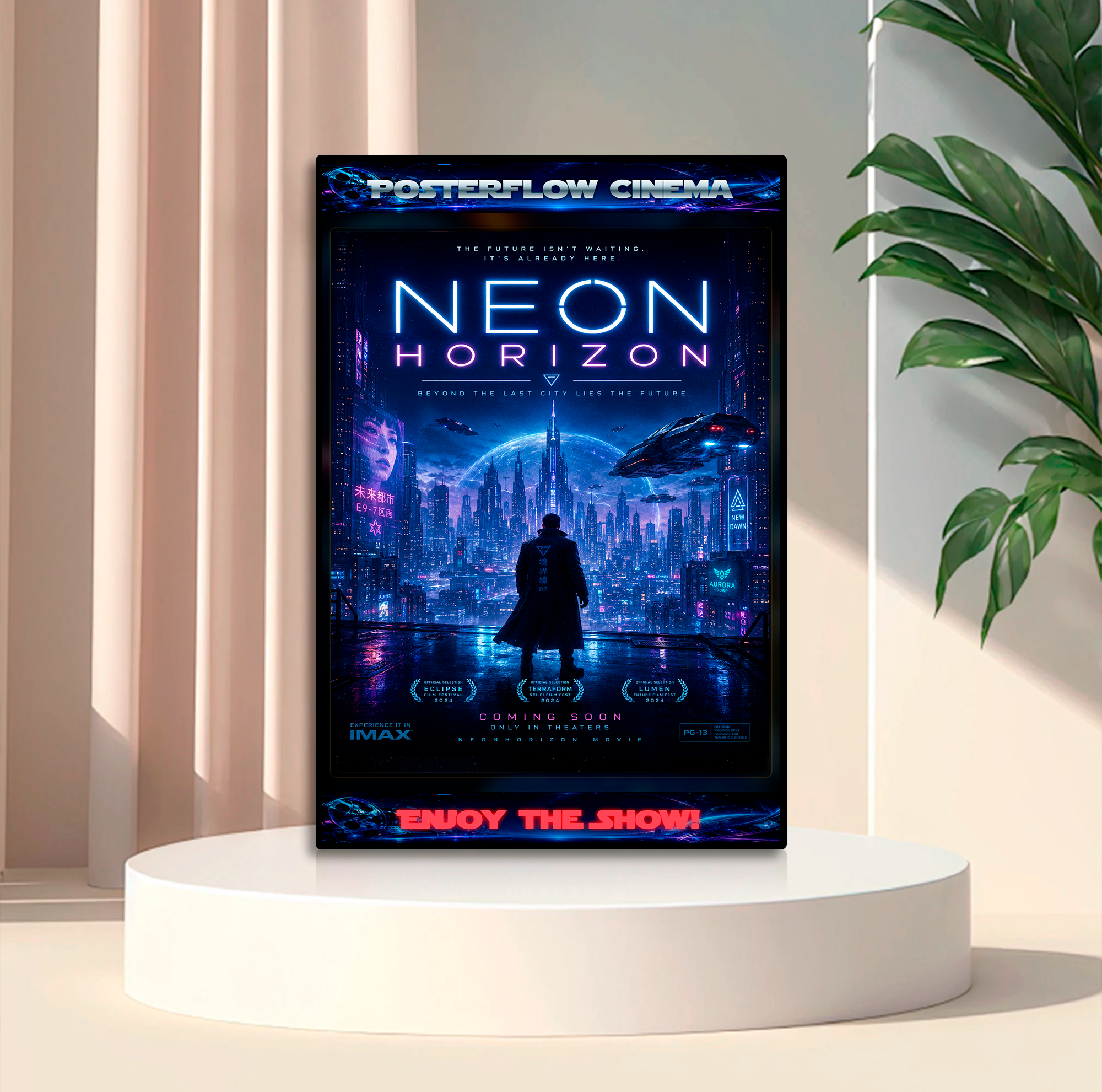 PosterFlow Cinema futuristic poster display mockup